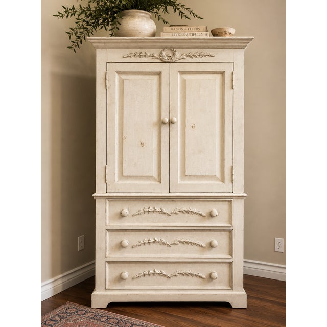 Late 20th Century Vintage Distressed Solid Wood Armoire With Carved Laurel Details For Sale - Image 5 of 7