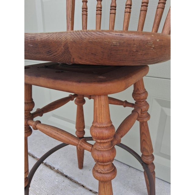 1950's Vintage American Colonial Solid Oak Swivel Bar Stools by Ethan Allen Set of 4 For Sale - Image 12 of 12