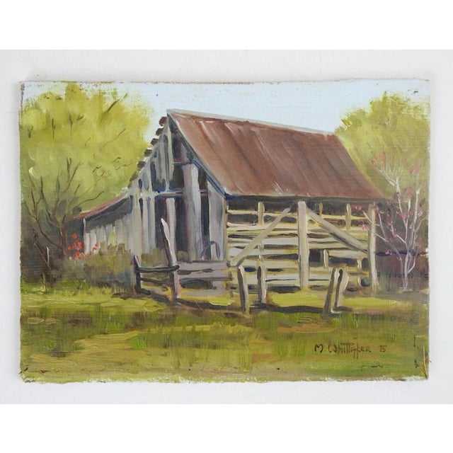 Rustic Small Vintage Rustic Barn and Landscape Painting For Sale - Image 3 of 4