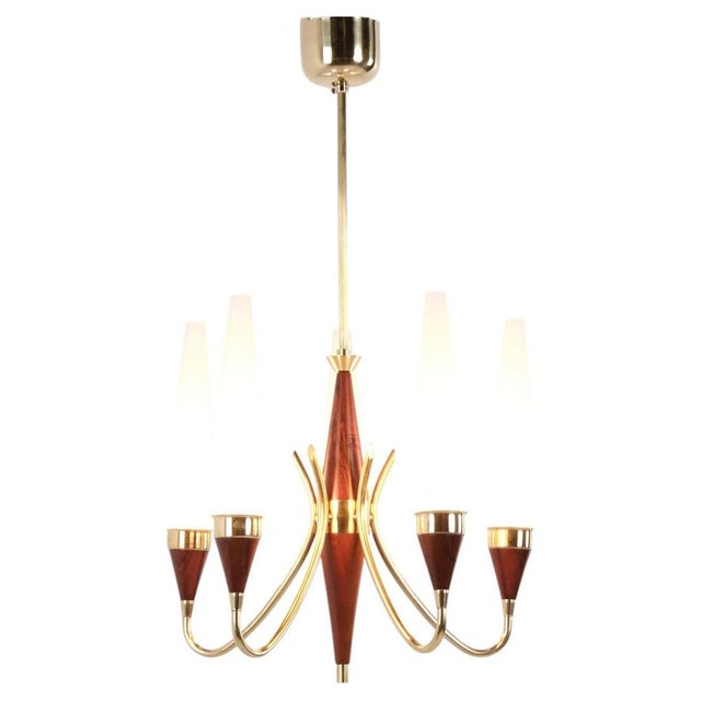 5-Arm Chandelier in Brass and Teak with Opal Glass by Bent Karlby for Lyfa 1960s For Sale - Image 13 of 13
