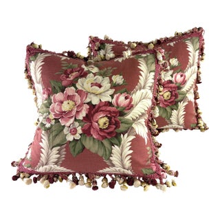 Early 20th Cent. Hand Printed Cotton Tasseled Floral Pillows/Pair For Sale