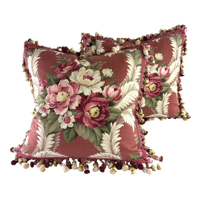 Early 20th Cent. Hand Printed Cotton Tasseled Floral Pillows/Pair For Sale