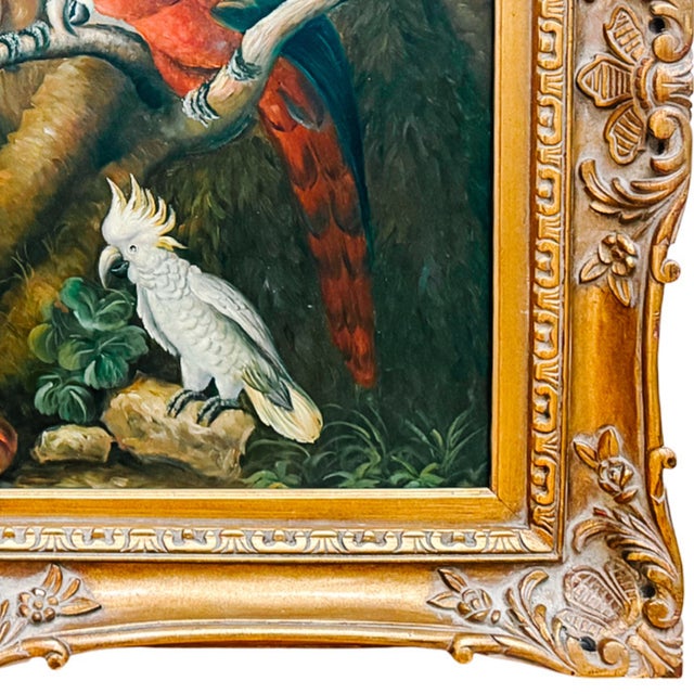 1980s Grand Scale Tropical Macaw & Cockatoo Oil Painting in Gilt Frame, After Jakob Bogdány For Sale In San Diego - Image 6 of 10