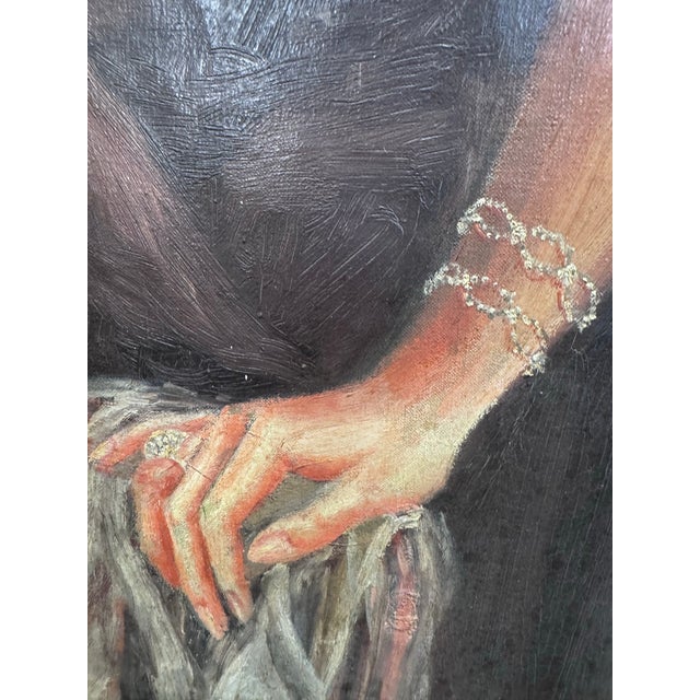 Striking large-scale European society portrait depicting an elegantly dressed woman in evening attire, signed “Baron Th....