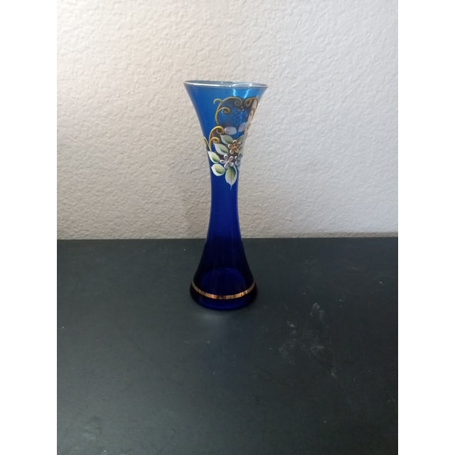 1970s Hand Painted Czech Bohemian Cobalt Blue Glass Bud Vase For Sale In Dallas - Image 6 of 6