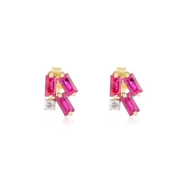 Art Deco Baguette Ruby Cluster Stud Earrings With Diamond- a Pair For Sale - Image 3 of 10