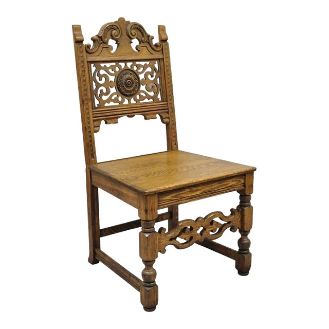 Antique Vanleigh Carved Oak Italian Renaissance Style Throne Dining Side Chair For Sale