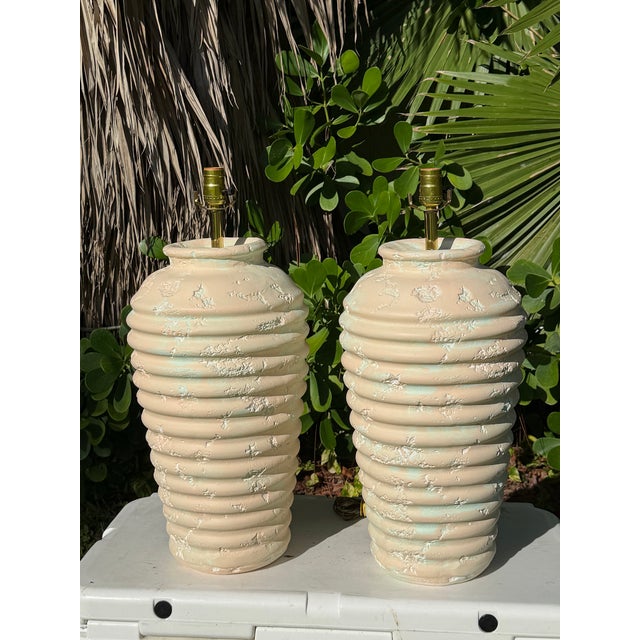 Vintage Sculptural Ribbed Plaster Table Lamps, a Pair For Sale In Naples, FL - Image 6 of 12