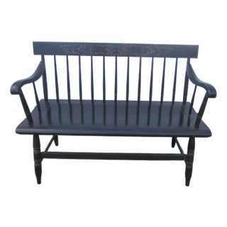 1980s Hitchcock Black Farmhouse Bench Signed Designer For Sale