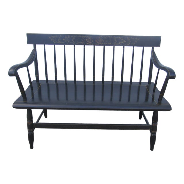1980s Hitchcock Black Farmhouse Bench Signed Designer For Sale