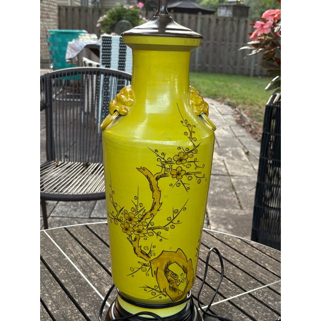Vintage Chinoiserie Table Lamp Imperial Yellow Glaze with black line Cherry Blossom Ring handles stylized by Lion heads or...