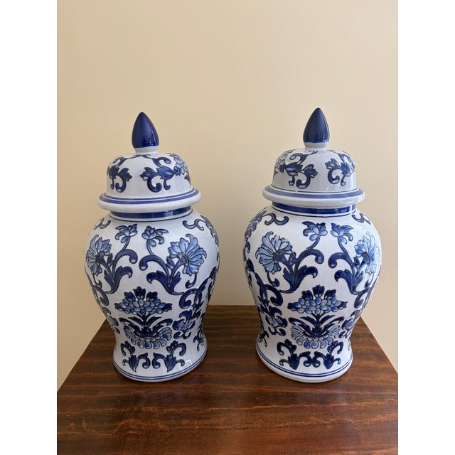 Late 20th Century Chinoiserie Large Blue and White Porcelain Ginger Jars, Pair For Sale - Image 4 of 7
