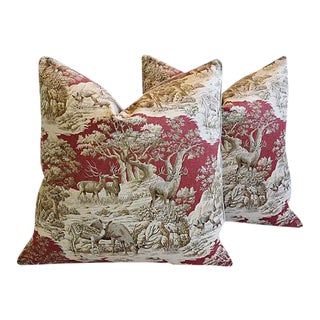 Custom Woodland Toile Deer & Velvet Feather/Down Pillows 25" Square - Pair For Sale