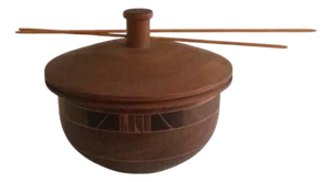 1960s Intricately Pattern Turned Laminated Wood Bowl With Lid