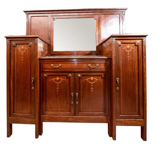 Vintage Italian Liberty Sideboard with Black Marble Plans & Central Mirror For Sale