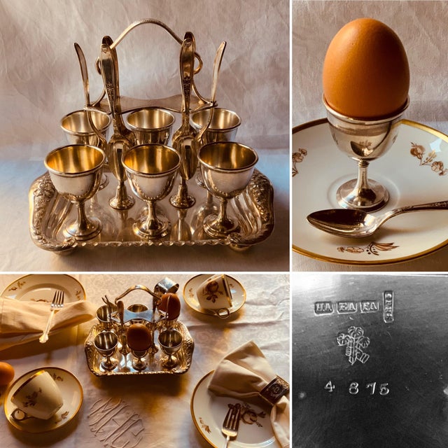 Antique Edwardian American Silverplate Egg Cup Set, Six Cups and Six Spoons on Footed Tray - 13 pcs For Sale - Image 18 of 18