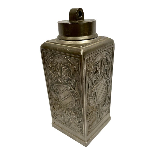 Vintage German Pewter Embossed Tea Caddy For Sale