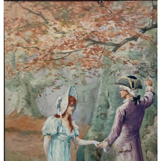 Antique Ernest Linzell 'victorian Courting Scene Hearts Carved in Tree' Painting For Sale - Image 10 of 12
