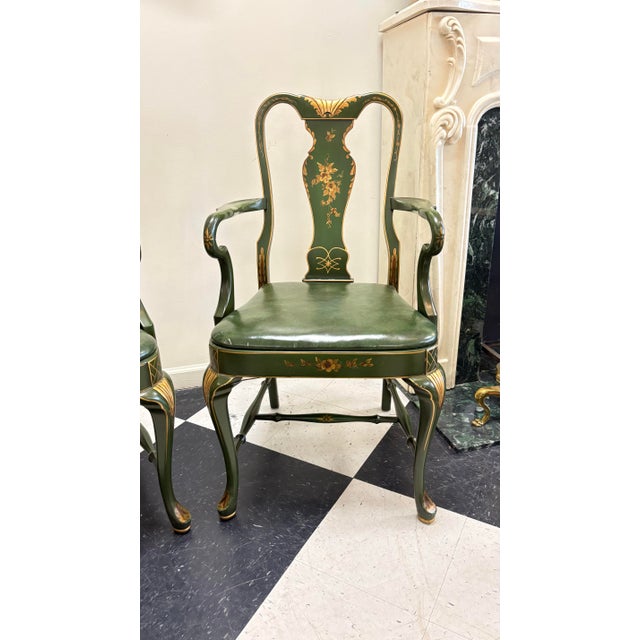 Mid-Century Chinoiserie Green Leather Arm Chairs - Queen Anne Style For Sale - Image 10 of 10