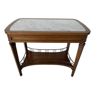 Vintage French Louis XVI Style Mahogany Console Table With White Marble Top, Pull-Out Drawer & Brass Gallery Shelf For Sale