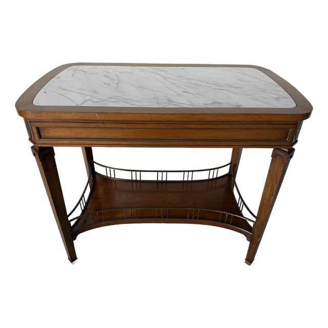 Vintage French Louis XVI Style Mahogany Console Table With White Marble Top, Pull-Out Drawer & Brass Gallery Shelf For Sale