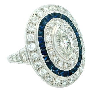 Art Deco Platinum Diamond and Calibré Sapphire Navette Ring, Circa 1920, Size 6 For Sale