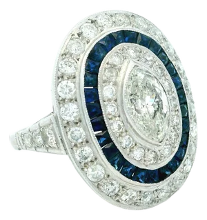 Art Deco Platinum Diamond and Calibré Sapphire Navette Ring, Circa 1920, Size 6