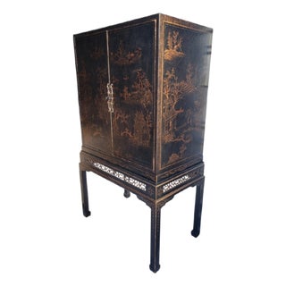 Vintage Chinoiserie Massive Black Bronze Hand Painted Garden Pagoda Scene Fretwork Storage/Tv Cabinet For Sale