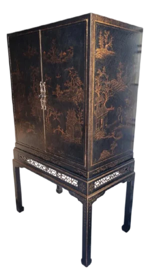 Vintage Chinoiserie Massive Black Bronze Hand Painted Garden Pagoda Scene Fretwork Storage/Tv Cabinet