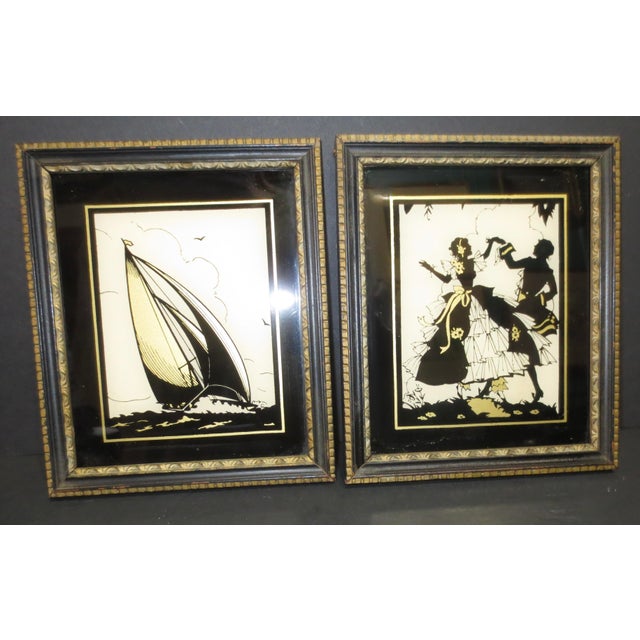 Pair of 2 Antique Reverse Glass Enamel and Gold Silhouette- Pair of 2 For Sale - Image 4 of 7