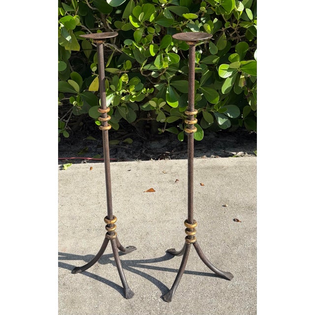 Vintage 30” Sculptural Iron Candlesticks With Aged Patina, Pair For Sale - Image 4 of 12