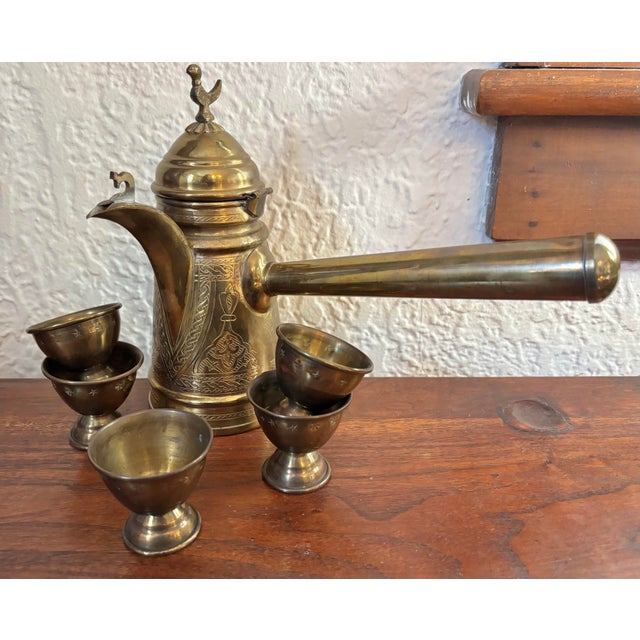 Mid 20th Century Turkish Etched Brass Coffee Pot With Long Handle and Cups - Set of 6 For Sale - Image 9 of 9