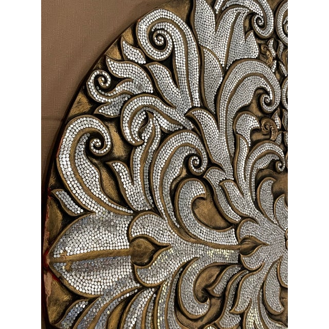 Oversized Baroque Filigree Round Carved Medallion Wall Plaque With Metallic Micro-Beading For Sale - Image 11 of 12