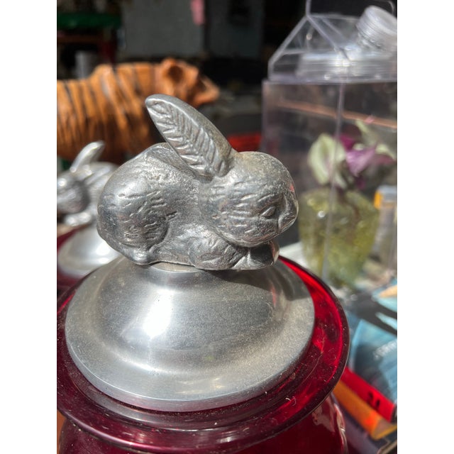 Metal Pair of 1970s Red Glass Jars With Silver Bunny Lids For Sale - Image 7 of 7