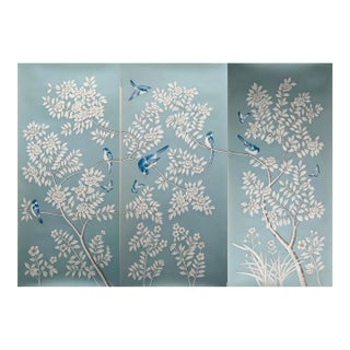 Hand Painted Dusty Blue Chinoiserie Floral & Blue Bird Mural 3-Panel Set For Sale