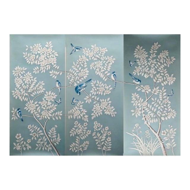 Hand Painted Dusty Blue Chinoiserie Floral & Blue Bird Mural 3-Panel Set For Sale