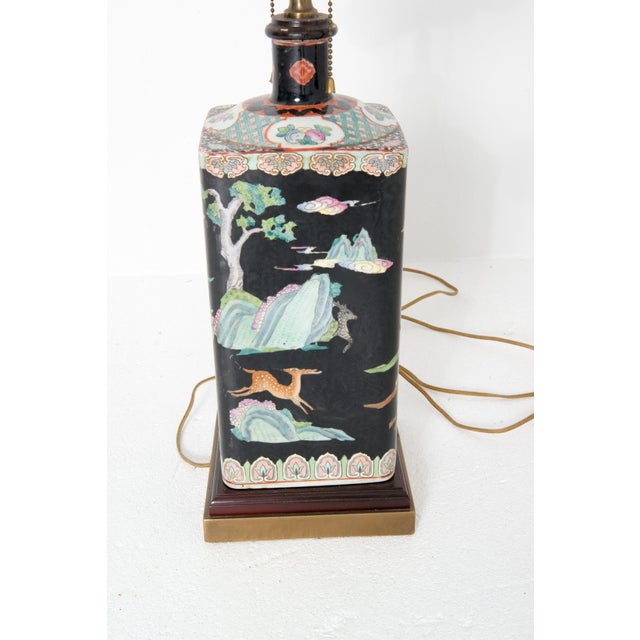 1950s Asian Chinoiserie Ceramic Table Lamp, Black with Scenic Design For Sale - Image 11 of 13