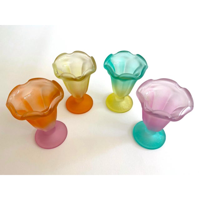 This set of four vintage Mid Century Modern frosted glass multicolor pastel parfait tulip dessert cups are a very special...