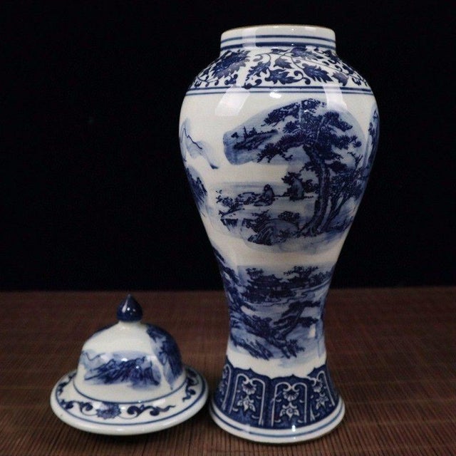 Ceramic Chinoiserie Blue and White Landscape Porcelain Lidded Ginger Jar For Sale - Image 7 of 9