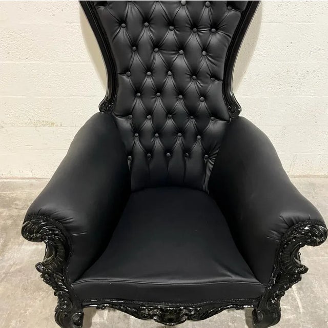2020s French Rococo Style Tufted Black Leather Throne Chair For Sale - Image 5 of 8