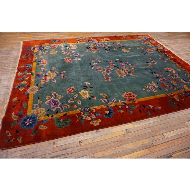 Art Deco Tranquil and Calming Light Blue Background With Warm Red Field and Magnificent Array of Multicolored Floral Motifs Antique Chinese Art Deco Rug For Sale - Image 3 of 15