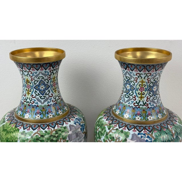 Late 20th Century Pair of Chinese Cloisonne Enamel Horse Vases Gold Scrolls Horses Equestrian For Sale - Image 5 of 8