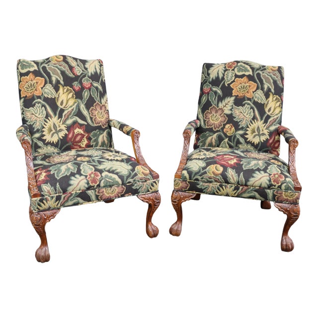 Pair Chippendale Style Carved Mahogany Open Armchairs For Sale