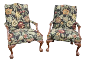 Pair Chippendale Style Carved Mahogany Open Armchairs
