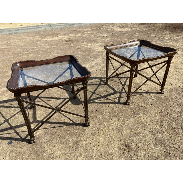 Vintage Attributed to Matiland Smith Nail Head Leather and Glass End Side Tables À Pair For Sale - Image 17 of 18