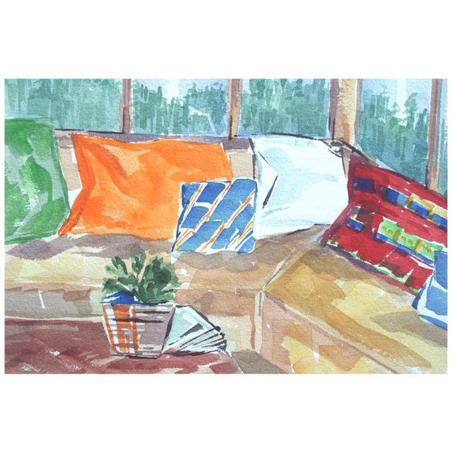 Vibrant watercolor of a colorful living room and the view outside the window by listed artist Doris Ann Warner (American,...