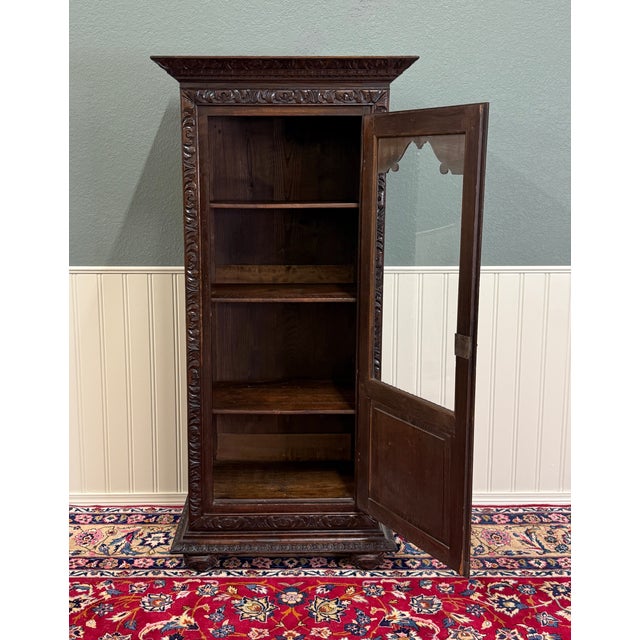 French Antique French Breton Bookcase Armoire Linen Cab Wavy Glass Carved Chestnut 19th For Sale - Image 3 of 18