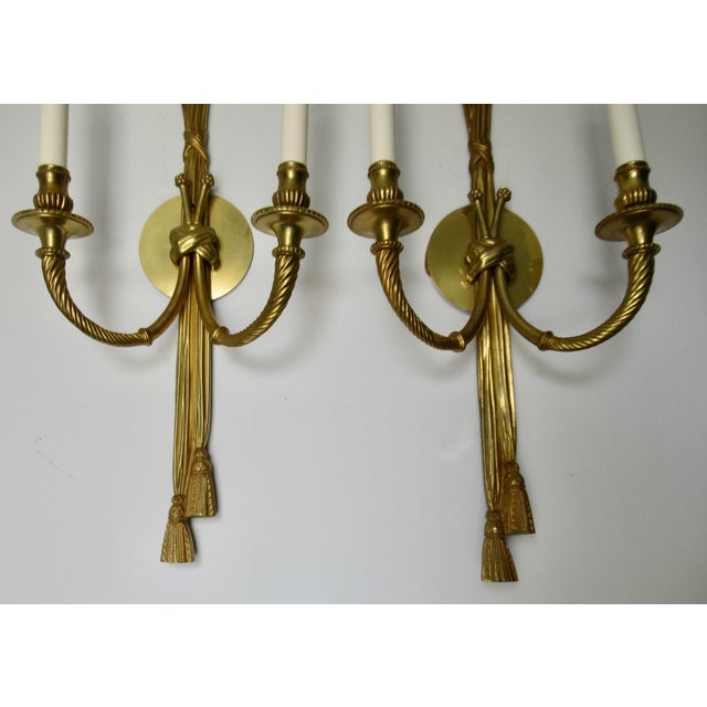 Vintage French 19th. Century Louis XVI Style Bronze Twin-Arm, Rope & Tassel Ormolu Wall Lighted Sconces -Pair For Sale - Image 13 of 17