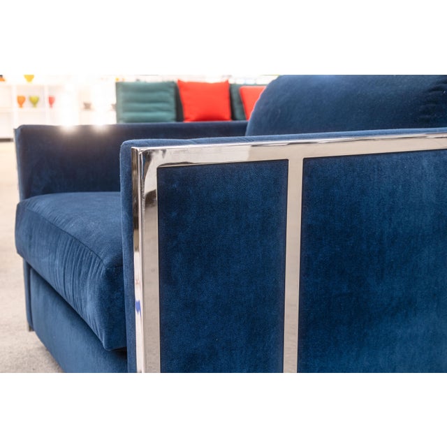 Pair of Milo Baughman Blue Velvet and Flat Bar Chrome Cube Club Chairs For Sale - Image 9 of 10