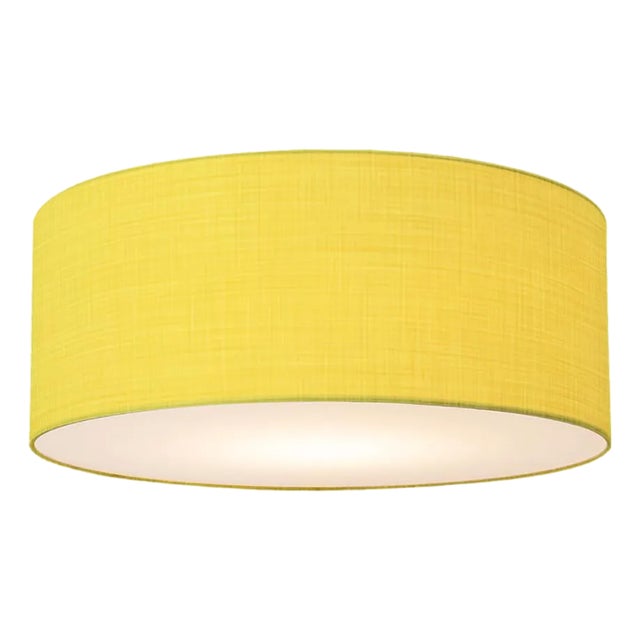 Stretch Flush Mount, Mustard Linen Shade, Satin Nickel For Sale